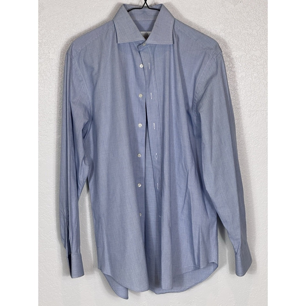 Boggi Milano Shirt Mens 15.5 39 Blue Button Down Micro Stripe Cotton Long Sleeve